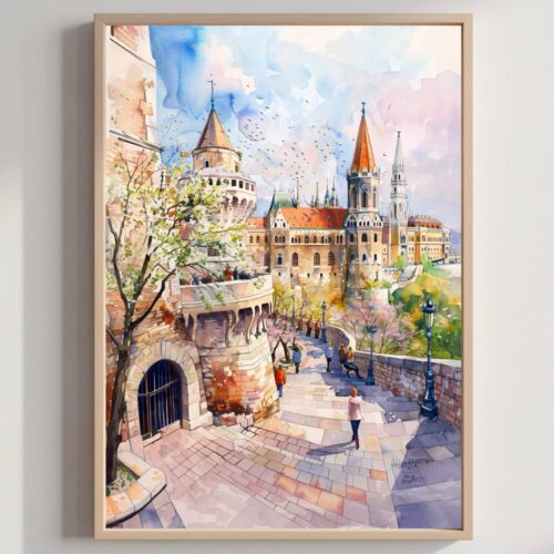 Fisherman's Bastion Budapest Hungary Europe Watercolor Print: Travel Art Poster