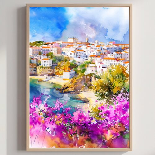Albufeira Algarve Portugal Europe Watercolor Print: Vacation Travel Art Poster