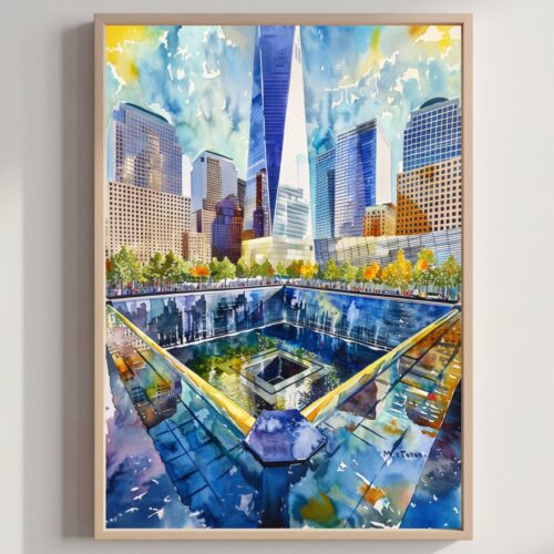 9/11 Memorial Ground Zero New York USA Watercolor Print: Travel Poster