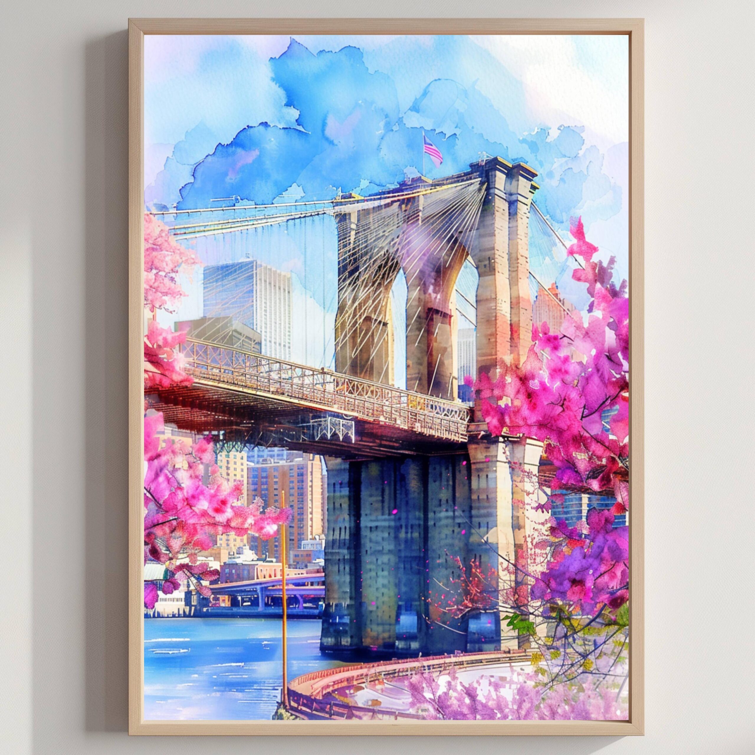 Brooklyn Bridge New York USA Watercolor Print: Travel Poster