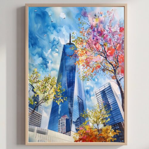 One World Trade Center Manhattan New York USA Watercolor Print: Travel Poster