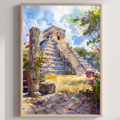 Chichen Itza Yucatan Mexico Watercolor Print: North America Travel Art Poster