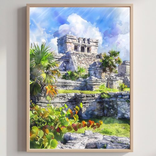 Mayan Ruins Tulum Mexico Watercolor Print: North America Travel Art Poster
