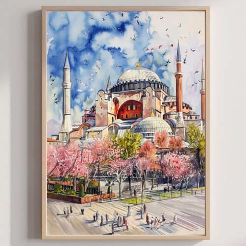 Hagia Sophia Istanbul Turkey Watercolor Print: Europe Travel Art Poster