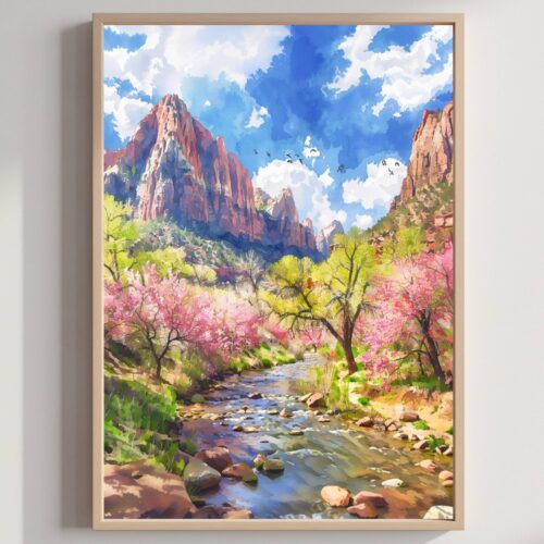 Zion National Park Utah United States of America Watercolor Print: Travel Art Poster
