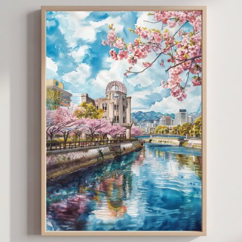 Hiroshima Japan Asia Watercolor Print: Japanese Art Travel Poster