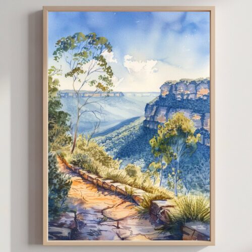 Blue Mountains National Park Australia Watercolor Print: Travel Art Poster