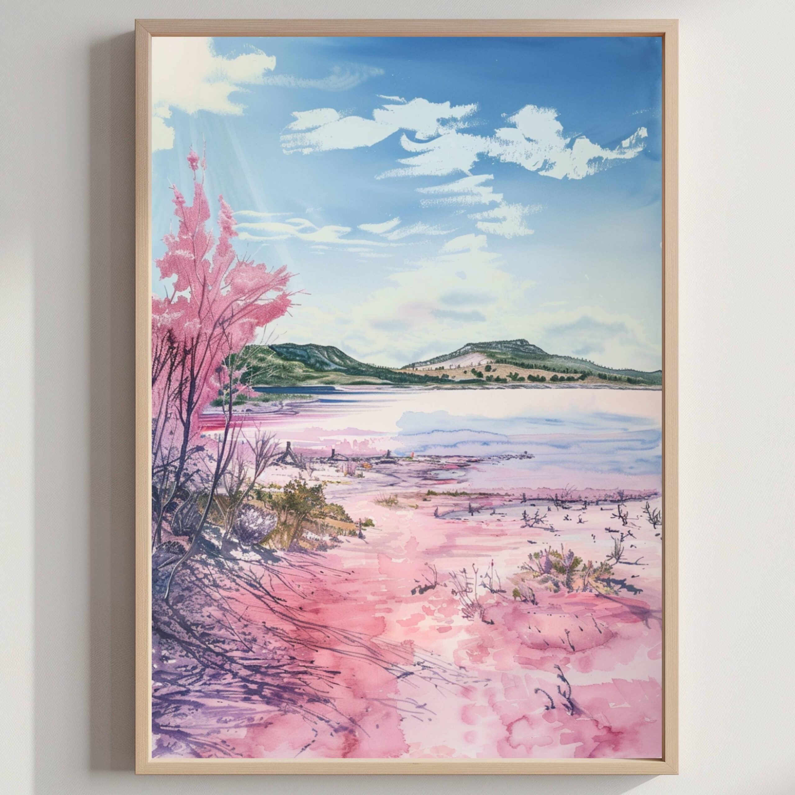 Lake Hillier Australia Watercolor Print: Travel Art Poster