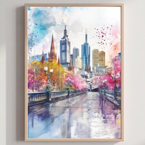 Melbourne Australia Watercolor Print: Travel Art Poster