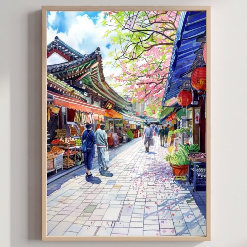 Gwangjang Market Seoul South Korea Asia Watercolor Print: Asian Art Travel Poster