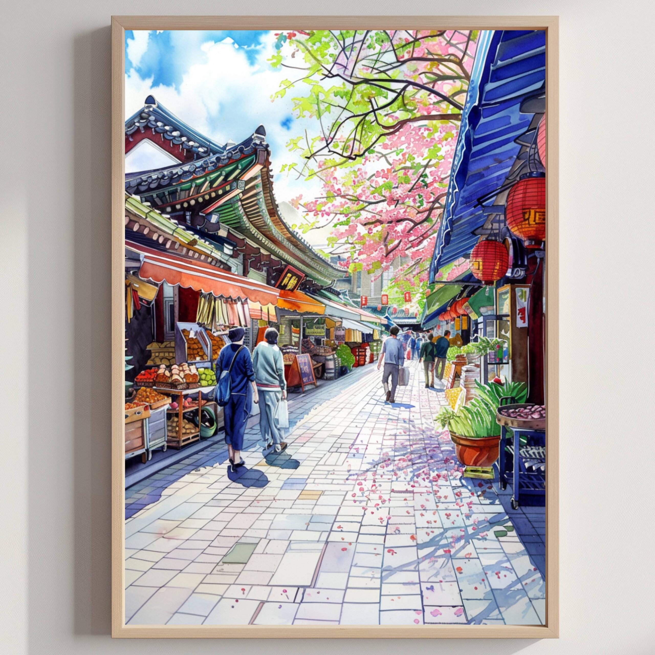 Gwangjang Market Seoul South Korea Asia Watercolor Print: Asian Art Travel Poster