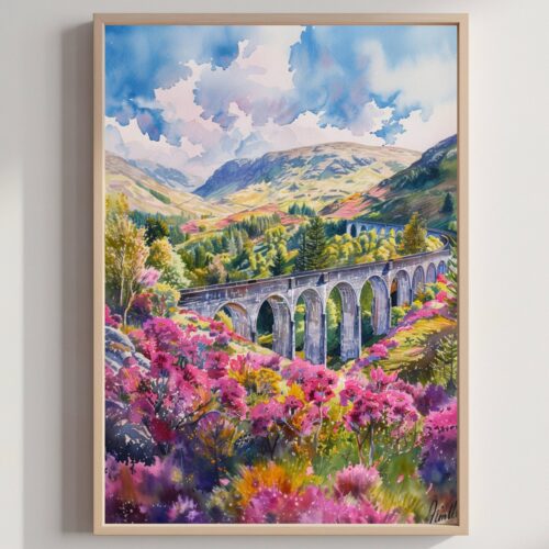 Glenfinnan Viaduct Scotland Watercolor Print: Scotland Travel Art Poster