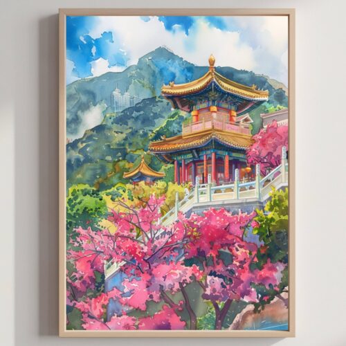 Po Lin Monastery Hong Kong China Watercolor Print: Asia Travel Art Poster