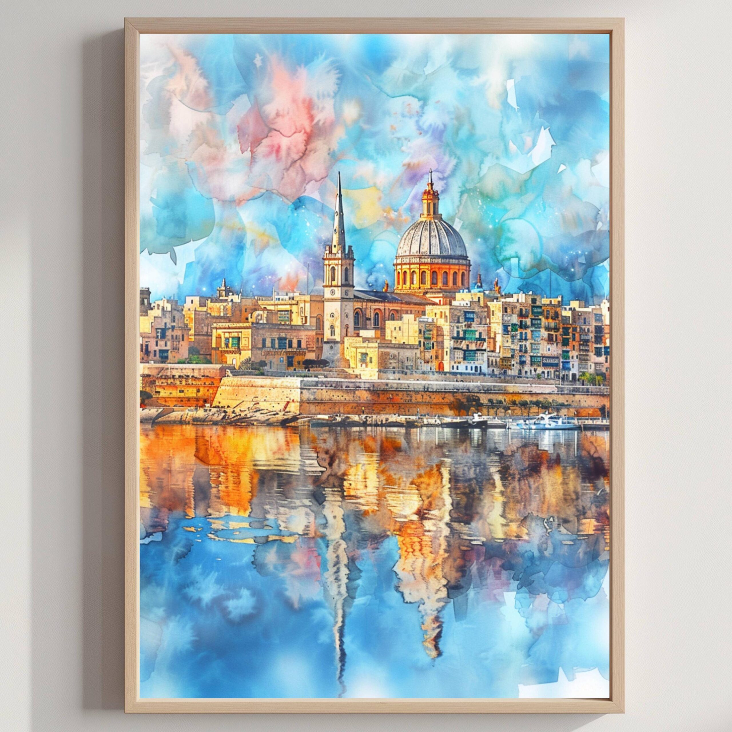 Valletta Malta Europe Watercolor Print: Travel Art Poster