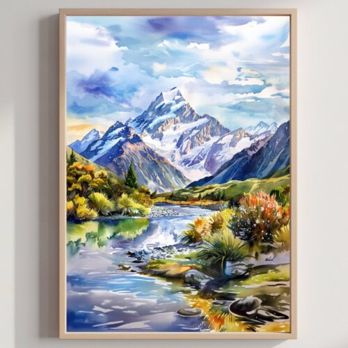Mount Cook South Island New Zealand Watercolor Print: Travel Art Poster