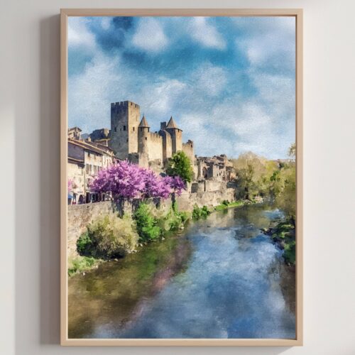 Carcassonne Castle France Watercolor Print: European Travel Art Poster