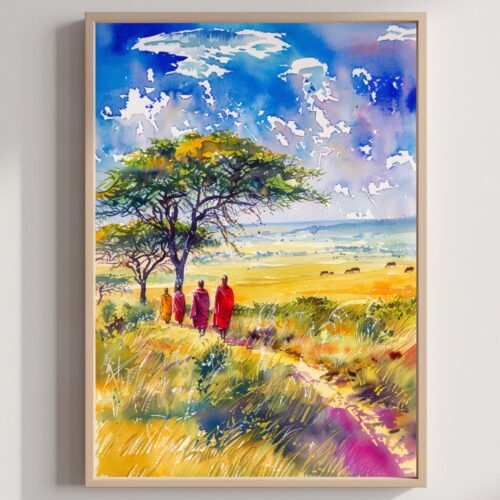 Maasai Mara Kenya Watercolor Print: Africa Travel Art Poster