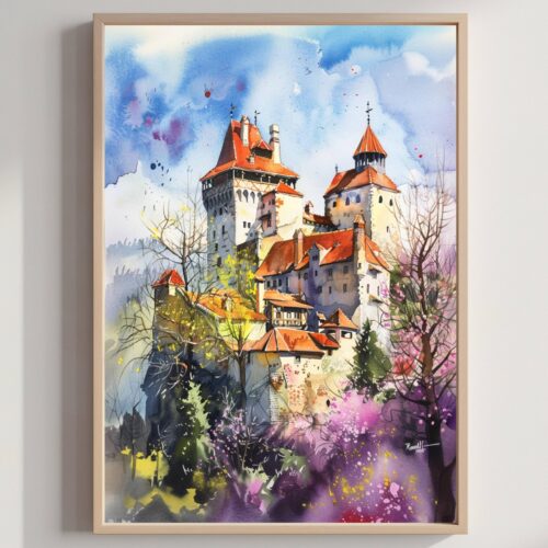 Bran Castle Romania Watercolor Print: Europe Travel Art Poster