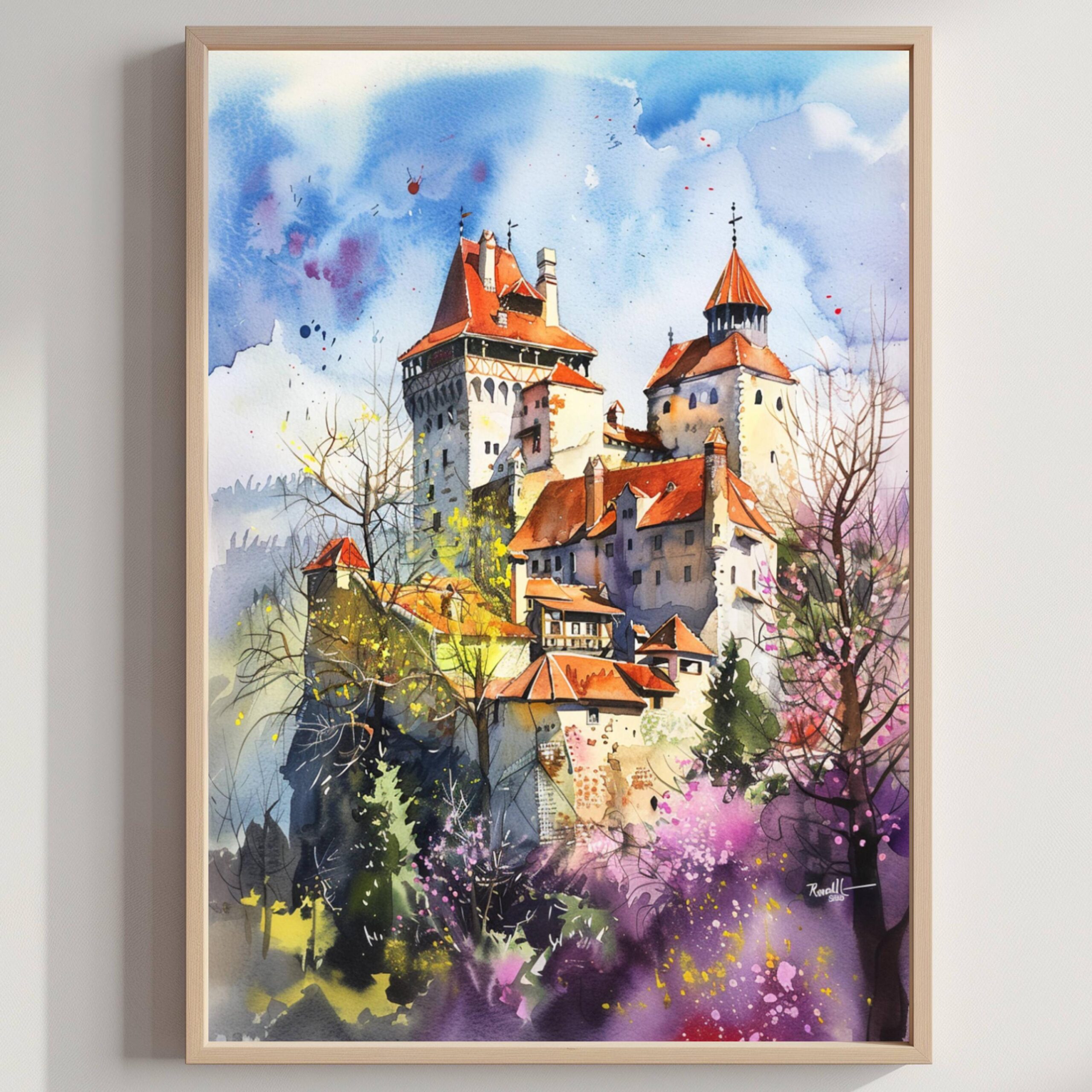 Bran Castle Romania Watercolor Print: Europe Travel Art Poster