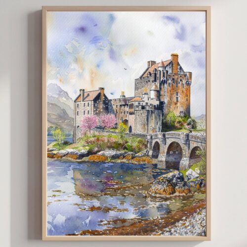 Eilean Donan Castle Scotland United Kingdom Watercolor Print: Scotland Travel Art Poster