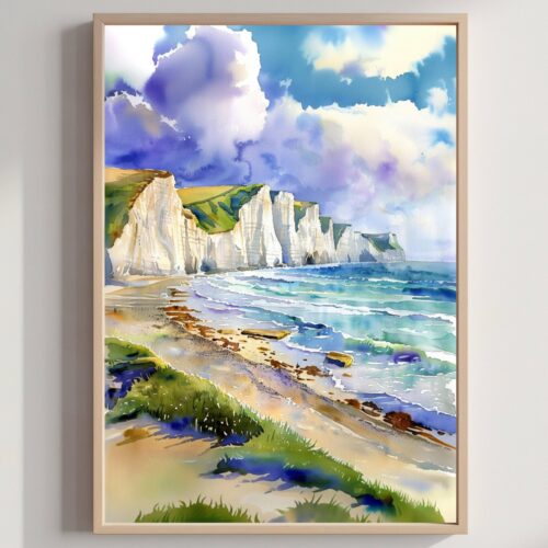 The Seven Sisters East Sussex England Watercolor Print: United Kingdom Travel Art Poster