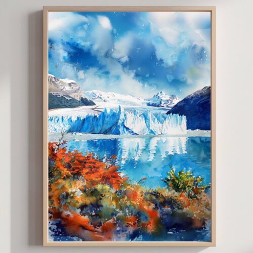 Perito Moreno Glacier Argentina Watercolor Poster: South America Travel Art Print
