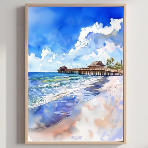 Naples Beach Florida USA Watercolor Print: Travel Art Poster
