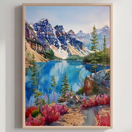 Moraine Lake Canada North America Watercolor Print: Travel Art Poster