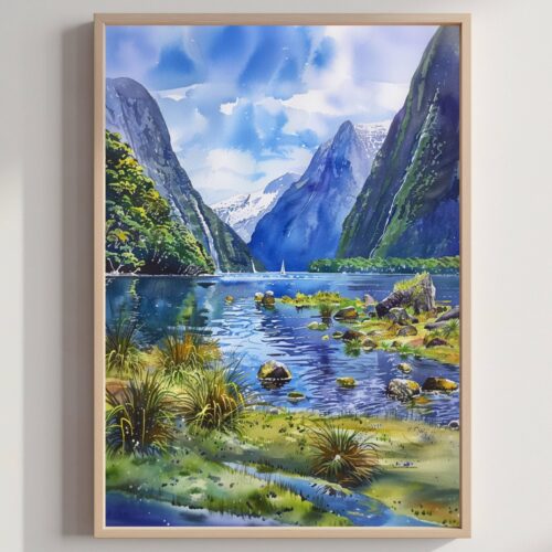 Milford Sound New Zealand Watercolor Print: Travel Art Poster