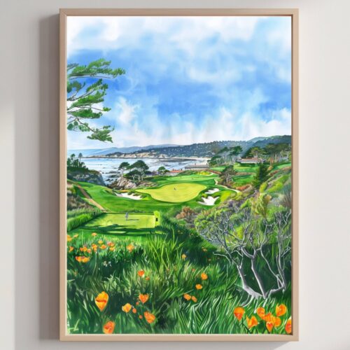 Pebble Beach Golf Links California USA Watercolor Print: American Travel Poster