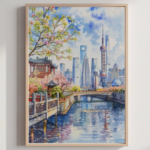 Shanghai China Watercolor Print: Asia Travel Poster