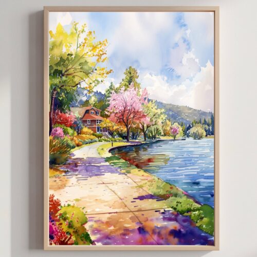 Bass Lake California USA Watercolor Print: American Travel Art Poster