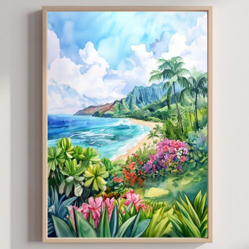 Kauai Island Hawaii United States of America Watercolor Print: Travel Art Poster