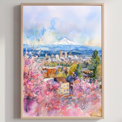 Portland and Mount Hood Ohio USA Watercolor Print: American Travel Art Poster