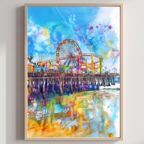 Santa Monica California USA Watercolor Print: American Travel Art Poster