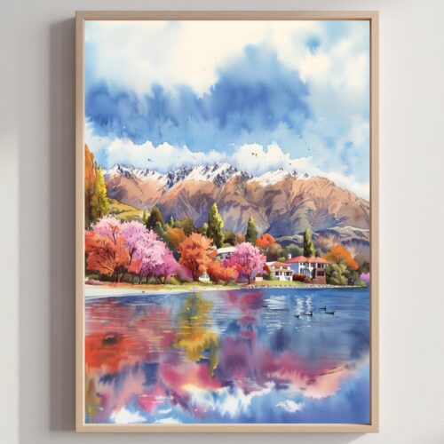 Lake Wanaka South Island New Zealand Watercolor Print: Travel Art Poster