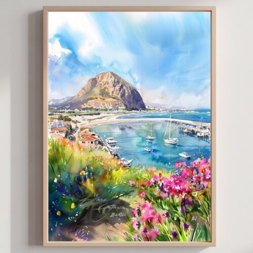 Morro Bay California USA Watercolor Print: American Travel Art Poster