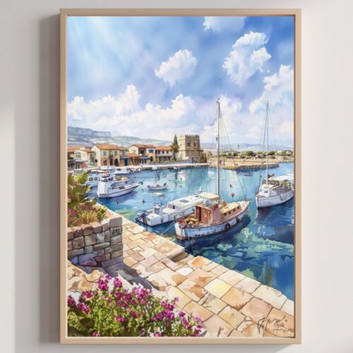 Paphos Cyprus Middle East Watercolor Print: Travel Art Poster