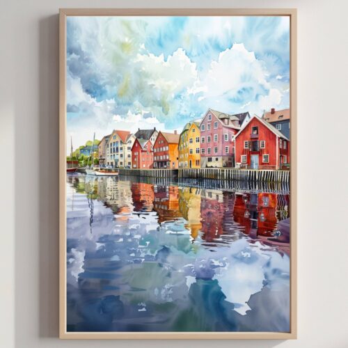 Trondheim Norway Scandinavia Watercolor Print: Europe Travel Art Poster