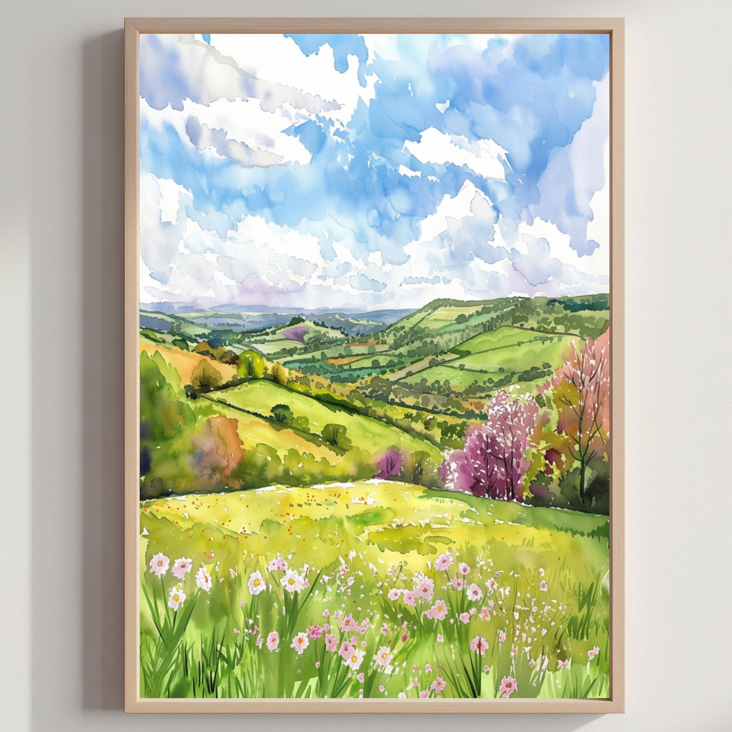 The Shropshire Hills England Watercolor: United Kingdom Travel Art Poster
