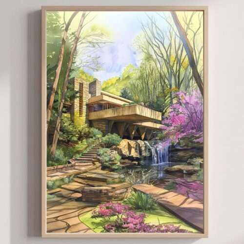 Fallingwater House Pennsylvania USA Watercolor Print: American Travel Art Poster