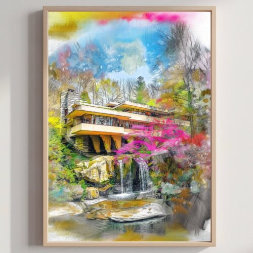 Fallingwater House Pennsylvania USA Watercolor Print: American Travel Art Poster