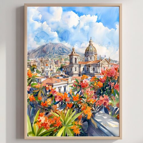 Catania Sicily Italy Europe Watercolor Print: Travel Art Poster