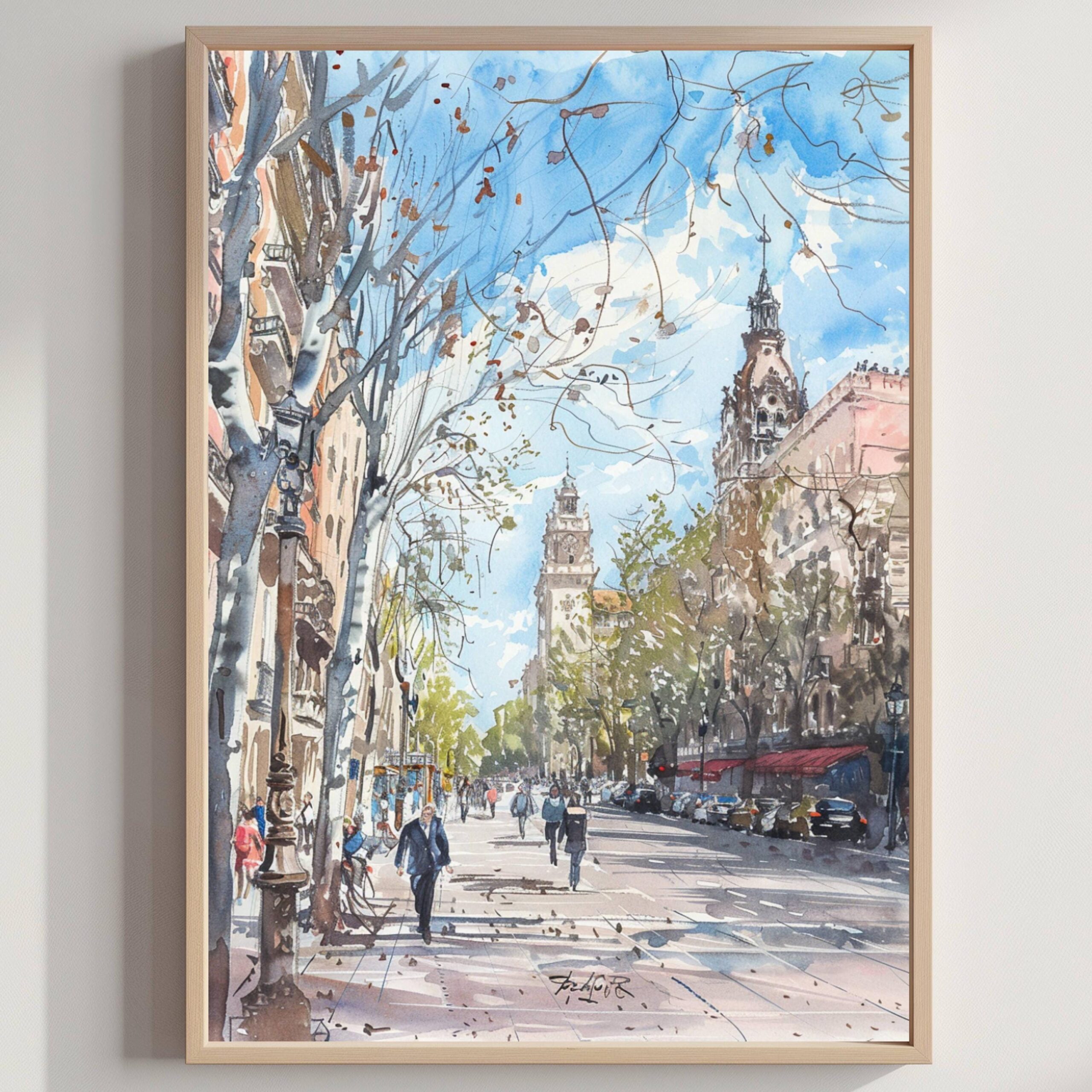 La Rambla Barcelona Spain Watercolor Print: Spanish Travel Art Poster