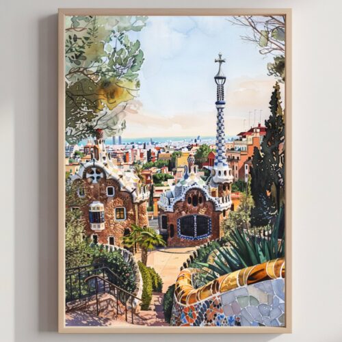 Park Güell Barcelona Spain Watercolor Print: Spanish Travel Art Poster