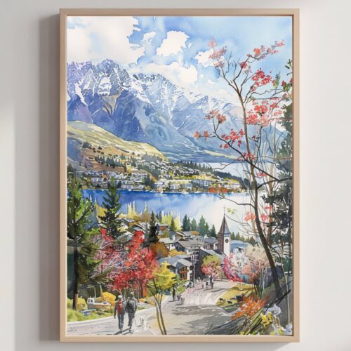 Queenstown New Zealand Watercolor Print: Travel Art Poster