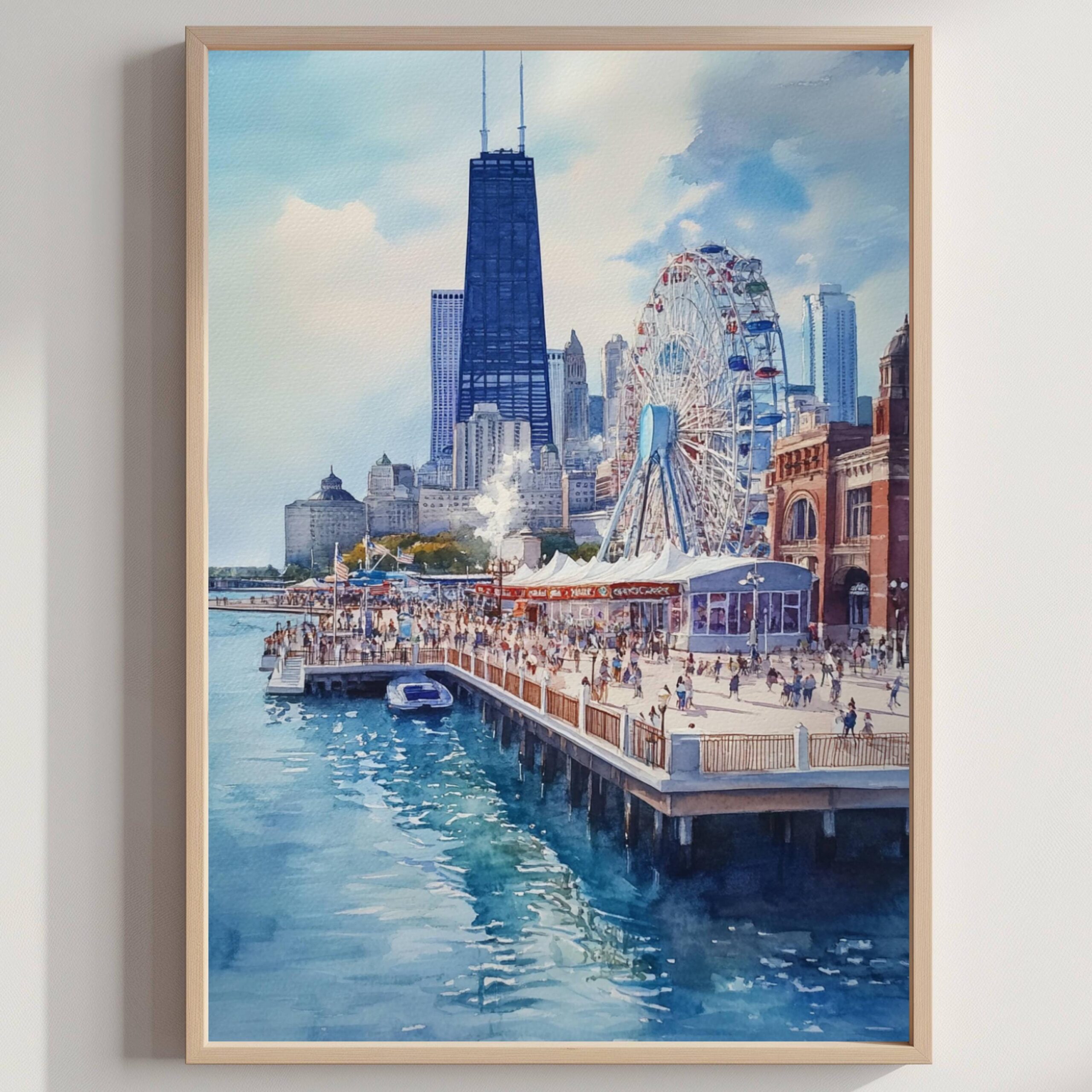 Navy Pier Chicago Watercolor Print: USA Travel Art Poster