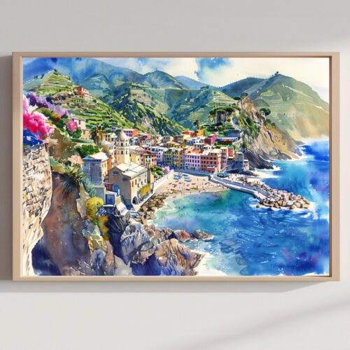 Monterosso al Mare Cinque Terre Italy Europe Watercolor Print: Travel Art Poster