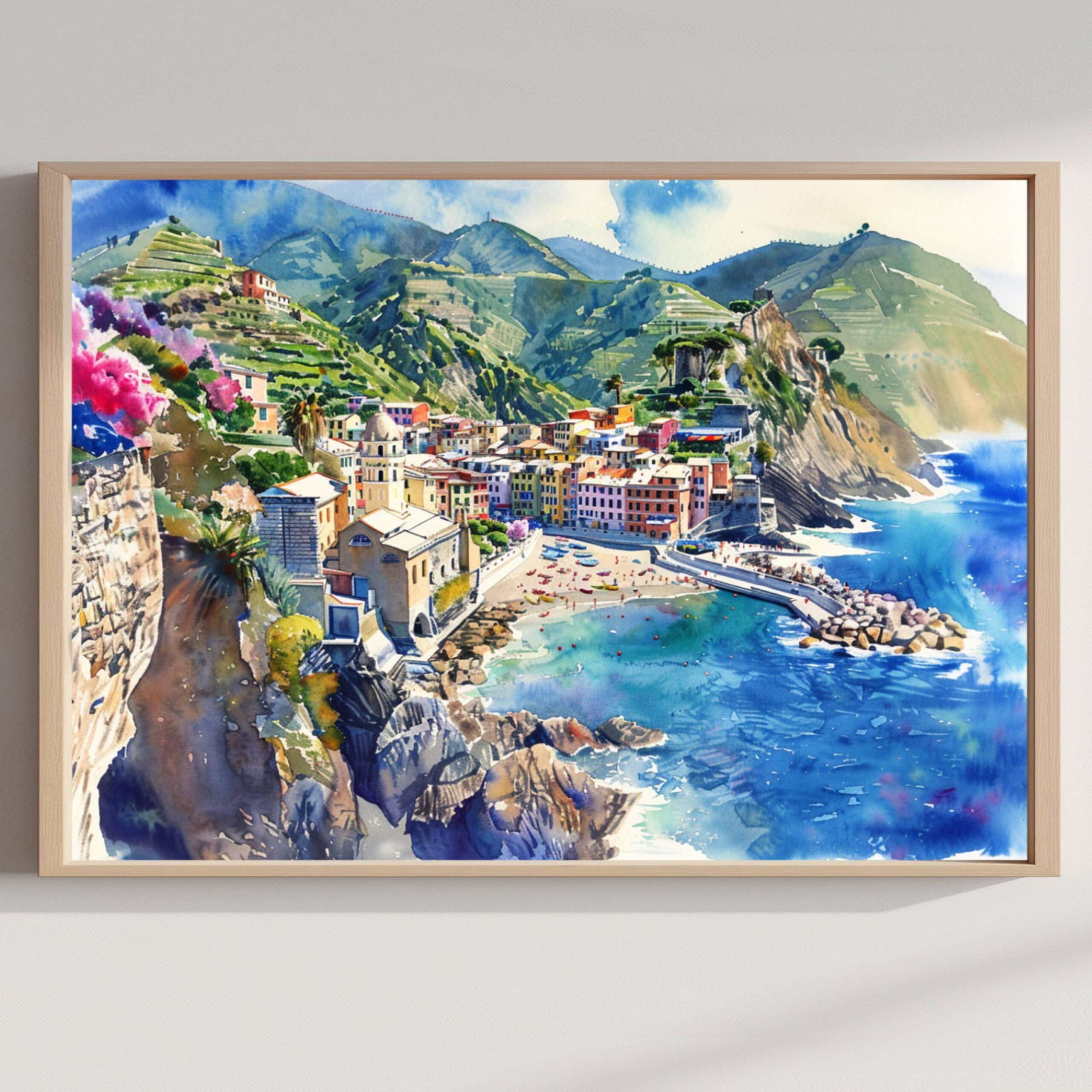 Monterosso al Mare Cinque Terre Italy Europe Watercolor Print: Travel Art Poster