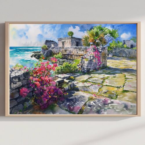 San Gervasio Mayan Ruins Cozumel Mexico Watercolor Print: North America Travel Art Poster